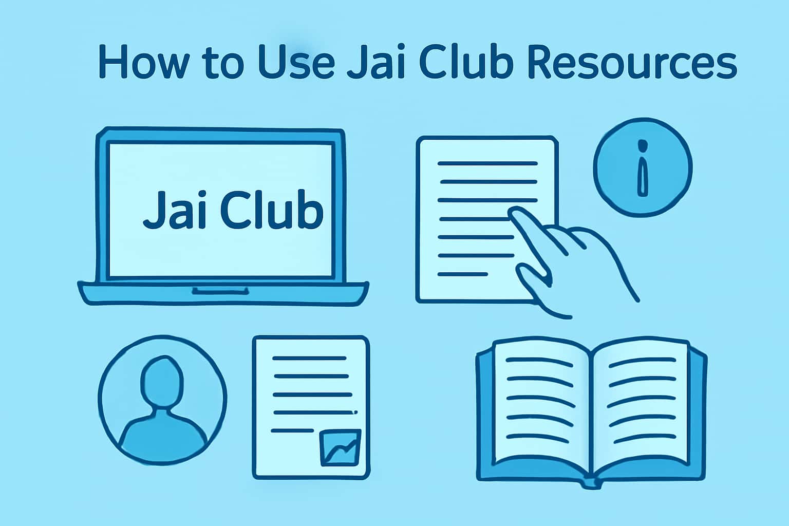 An informative graphic showcasing how to use Jai Club resources.
